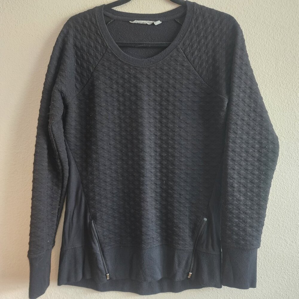 Athleta Womens Quilted R&R Fleece Crew Sweatshirt Front Side Zip Black Size S